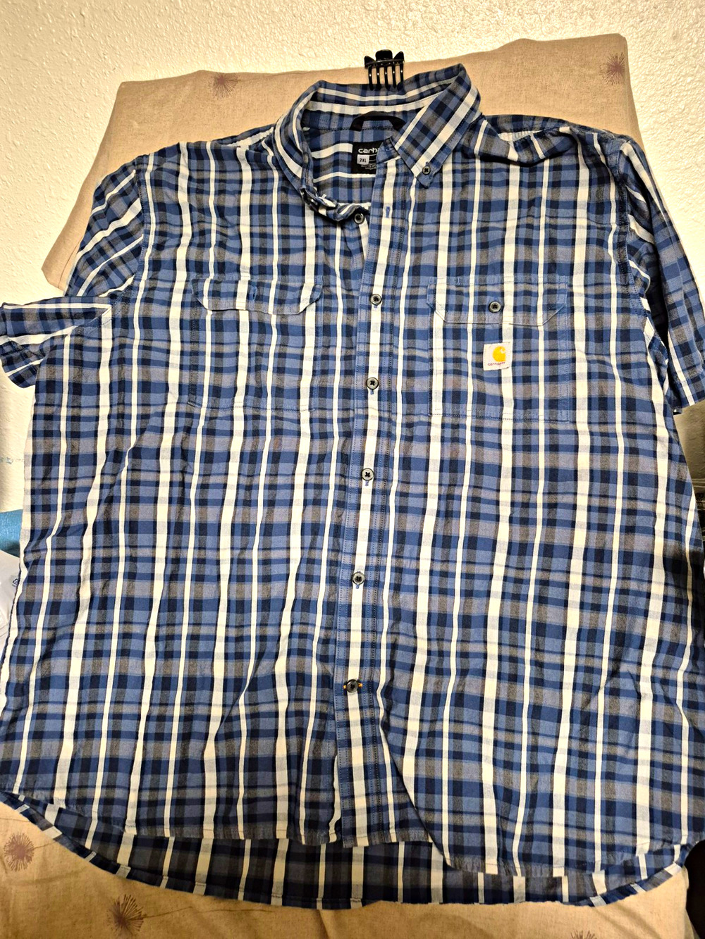 Carhartt Mens Cotton Woven Loose Fit Plaid Blue/White Short Sleeve 2XL